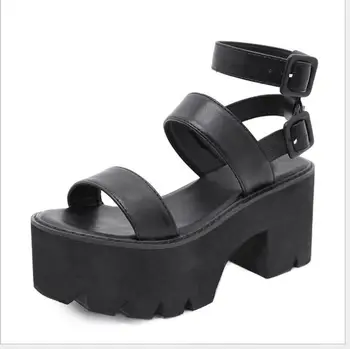 Летни модни дамски сандали с каишка на щиколотке, обувки на платформа с отворени пръсти, дамски черни уникални вечерни обувки на висок дебел ток, по-големи размери