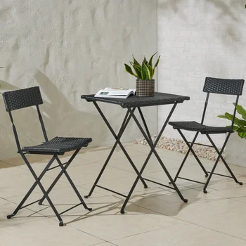 Луксозен домашен сгъваем комплект за бистро във вътрешния двор, маса и столове за кафе от ратан и стомана от 3 теми, черен комплект мебели за тераса