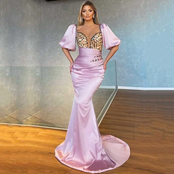 Луксозна вечерна рокля Русалка с къс ръкав от джърси с цветни диаманти и плисета, дамски елегантни вечерни рокли с дължина до пода