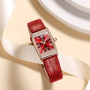Луксозни кварцов часовник TAXAU за жени, внесени механизъм, удобна кожена каишка за часовник, ръчен часовник с квадратна диамантен пръстен от розово злато