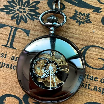Луксозни черни механични джобни часовници за мъже и жени, прозрачен циферблат с римски цифри, ключодържател-верига, метални окачени часовници за колекция