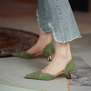 Лято 2023, дамски обувки на среден ток, обувки за партита и сватби, дамски сандали с остри пръсти, зелени, затворени са шик, елегантни