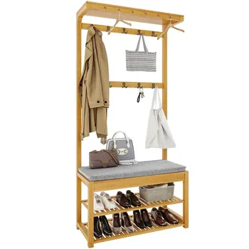 Многофункционална закачалка от бамбук, дървена закачалка за дрехи с 10 монтиран на стената куки и закачалка за обувки, закачалки за дрехи за хол, спалня