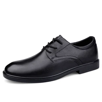 Мъжки обувки от естествена кожа, дишаща офис кожени обувки, обувки за конференция, булчински обувки, ежедневни обувки, обувки на плоска подметка с шнур