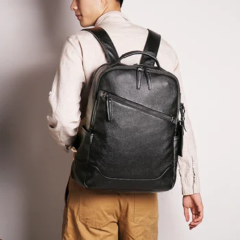 Мъжки раница, училищен раница от естествена кожа, голяма чанта голям за книги, ежедневна пътна чанта, 14-инчов раница за лаптоп за тийнейджър