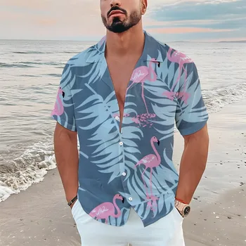 Мъжки хавайска риза с 3D принтом фламинго, летни плажни ризи, модни и ежедневни мъжки дрехи с къс ръкав, празнична домашна блуза Camisa