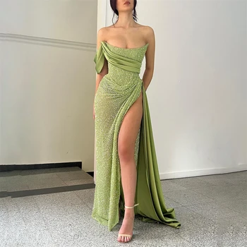 Мятно-зелена луксозно секси вечерна рокля с пайети, бална рокля, нощни рокли с едно рамо, вечерни рокли с висока цепка