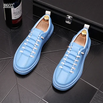Нови сини кожени нови мъжки ежедневни кожени маратонки марка дизайнерски обувки луксозни обувки без токчета Zapatos Hombre