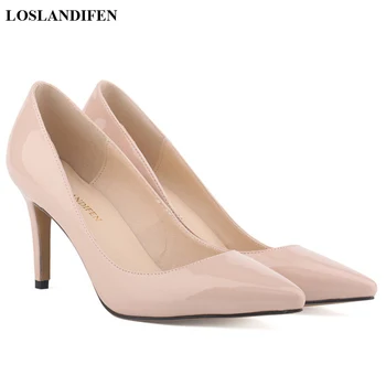 Покажи на фини модни дамски обувки-лодка от лачена кожа, дамски офис обувки с остри пръсти, 2023, сватбени обувки на висок ток 9 см задържани стил, сватбени обувки с остър пръсти