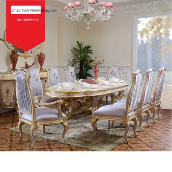 Пълен комплект дървени заведения за хранене столове с дърворезба от златно фолио в луксозна трапезария