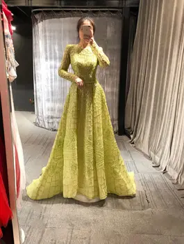 Реални снимки на Elie Saab зелен цвят, с дълъг ръкав, изискани във висок клас вечерна рокля с дължина до пода, сшитое на поръчка е новост 2023