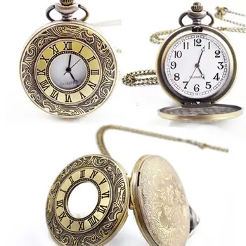 Реколта кварцов джобен часовник унисекс с двоен дисплей и кръг циферблат с веригата