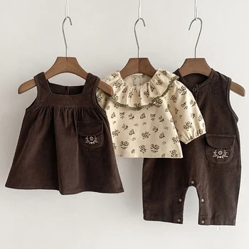 Риза с дълги ръкави и принтом за новородени момичета + вельветовые панталони на спагети презрамки, детски костюм, комплекти дрехи за новородени деца