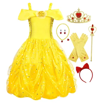 Рокля принцеса Belle за момичета, костюмиран, детски празнични дрешки, детски Хелоуин, ден на раждане, празнична карнавальная облекло
