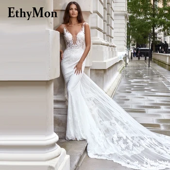 Сватбени рокли Ethymon 2023, V-образно деколте на бретелях, без ръкави, струята, без табли, цветен принт, Vestidos De Новия, ушити по поръчка