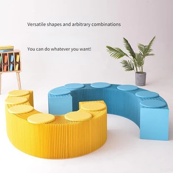 Сгъваем стол от крафт-хартия с 6 кожени подложки, дълго седалка, пейка за двор и аксесоари за дома, мобилна входяща пейка, богат на функции