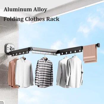 Сгъваема закачалка за дрехи Монтиране на стена Вакуумната инсталация Закачалка за дрехи от алуминиева сплав разтегателен прът, въже за домашно бельо
