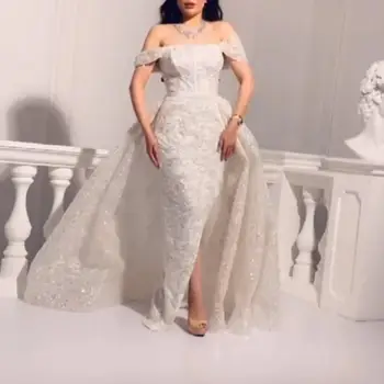 Секси сватбена рокля от фатина с яка издържа и открити рамене, от две части, с подвижна опашка на русалка, сватбена рокля