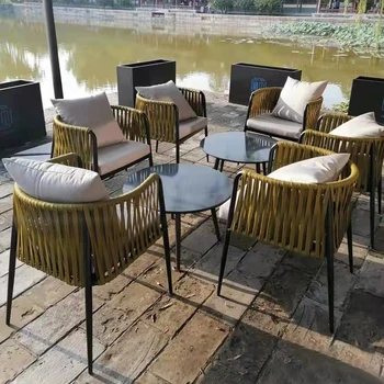 Скандинавски проста маса за хранене и стол за почивка на открито, градински мебели от ратан, водоустойчив солнцезащитная мебели