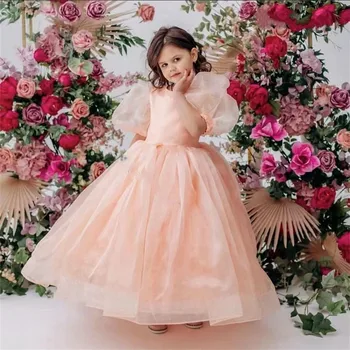 Сладки розови рокли с пищни ръкави с дължина до щиколоток за момичета в цветенце за сватба, бална рокля на принцеса с кръгло деколте, детски рожден ден, причастие