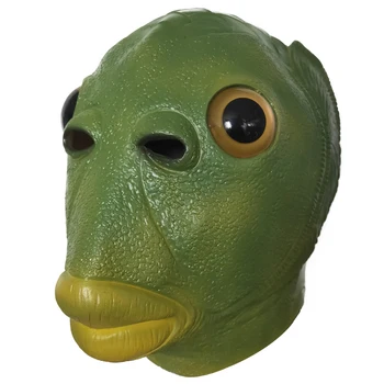 Странна риба, зелена маска за риба, латексный прическа със зелена риба, маска Боб за бала, пародия на ужасите