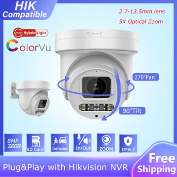 Съвместима с ВИДЕОНАБЛЮДЕНИЕ Hikvision 8-Мегапикселова IP камера Colorvu с 5-кратно Увеличение Smart Dual Light Двупосочна Аудио Слот за SD-карта, Щепсела и да Играе с Hikvision НРВ