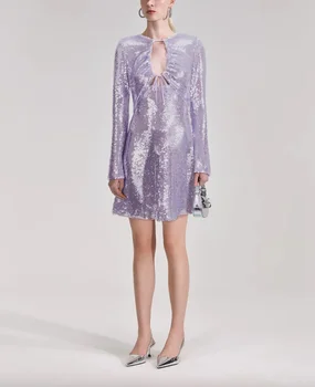 Фантастична есен 2023, секси вечерна мини рокля лилав цвят с пайети и замочной дупка на съвсем малък, офис-секси елегантна рокля трапецовидна форма