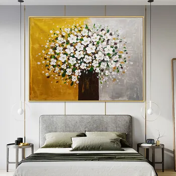 Цветя, златно дърво, мастихин, 3D текстура върху платно, акрил живопис, стенни картини за всекидневната, начало декор, caudro