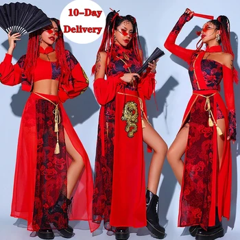 Червени фестивални костюми, облекла в стил хип-хоп за възрастни, етап костюми за танци на Гого, дамски дрехи за джаз изпълнения в китайски стил