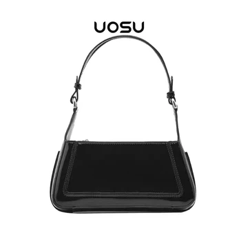 Черна дамска чанта с малки размери от лачена кожа, дамски чанти на рамо, чанта с катарама, широки презрамки, дизайнерска чанта ръчна изработка