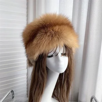 Шапка от естествена лисьего кожа, руска ушанка, дамска зимна шапка за жени, топли пухкави дамски шапка с опашката си в популярен стил, модни шапки от естествена кожа